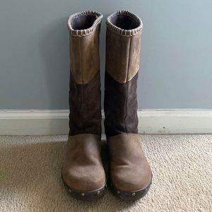 Crocs boots suede leather Brown patch work multi color brown